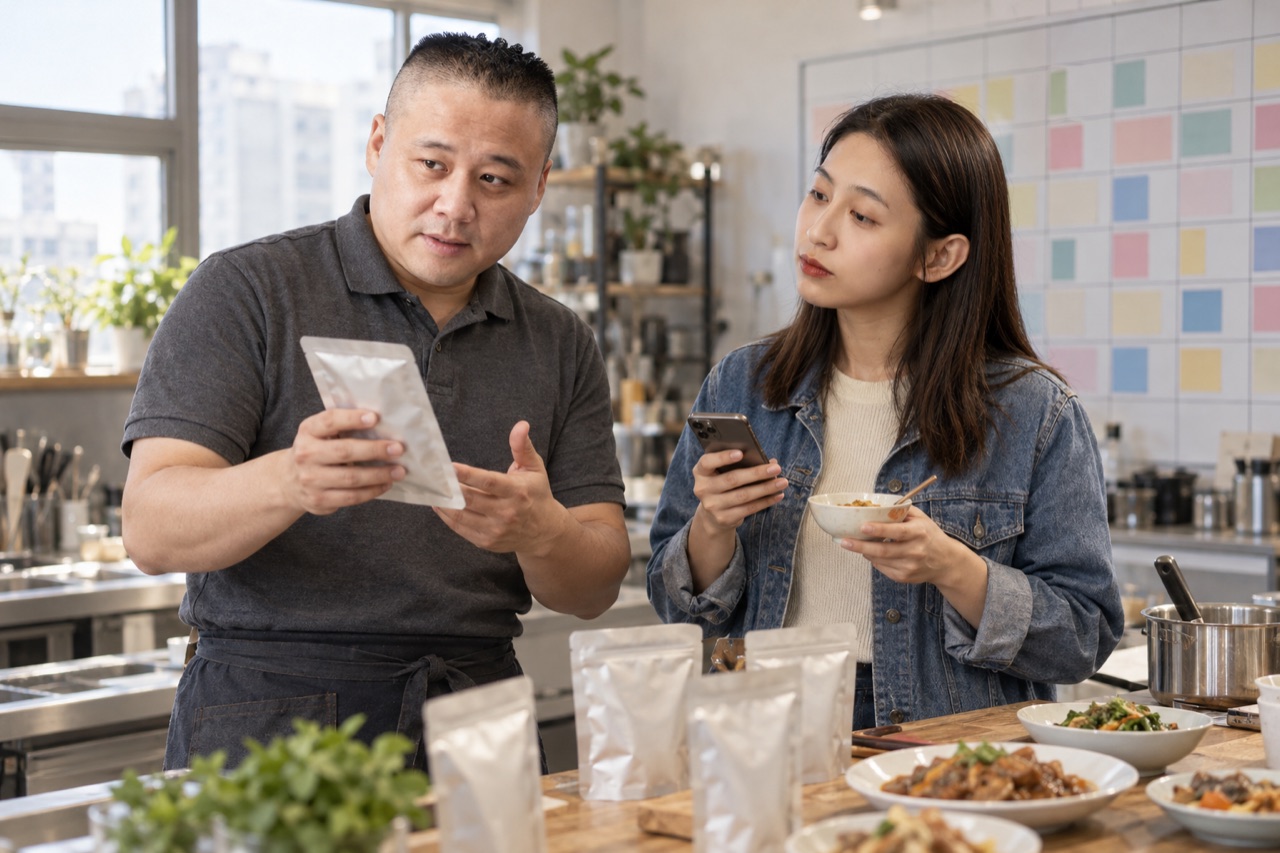 李宗哲（常溫調理食品代工）與許珈愷（網路社群行銷）一對一的情境示意照