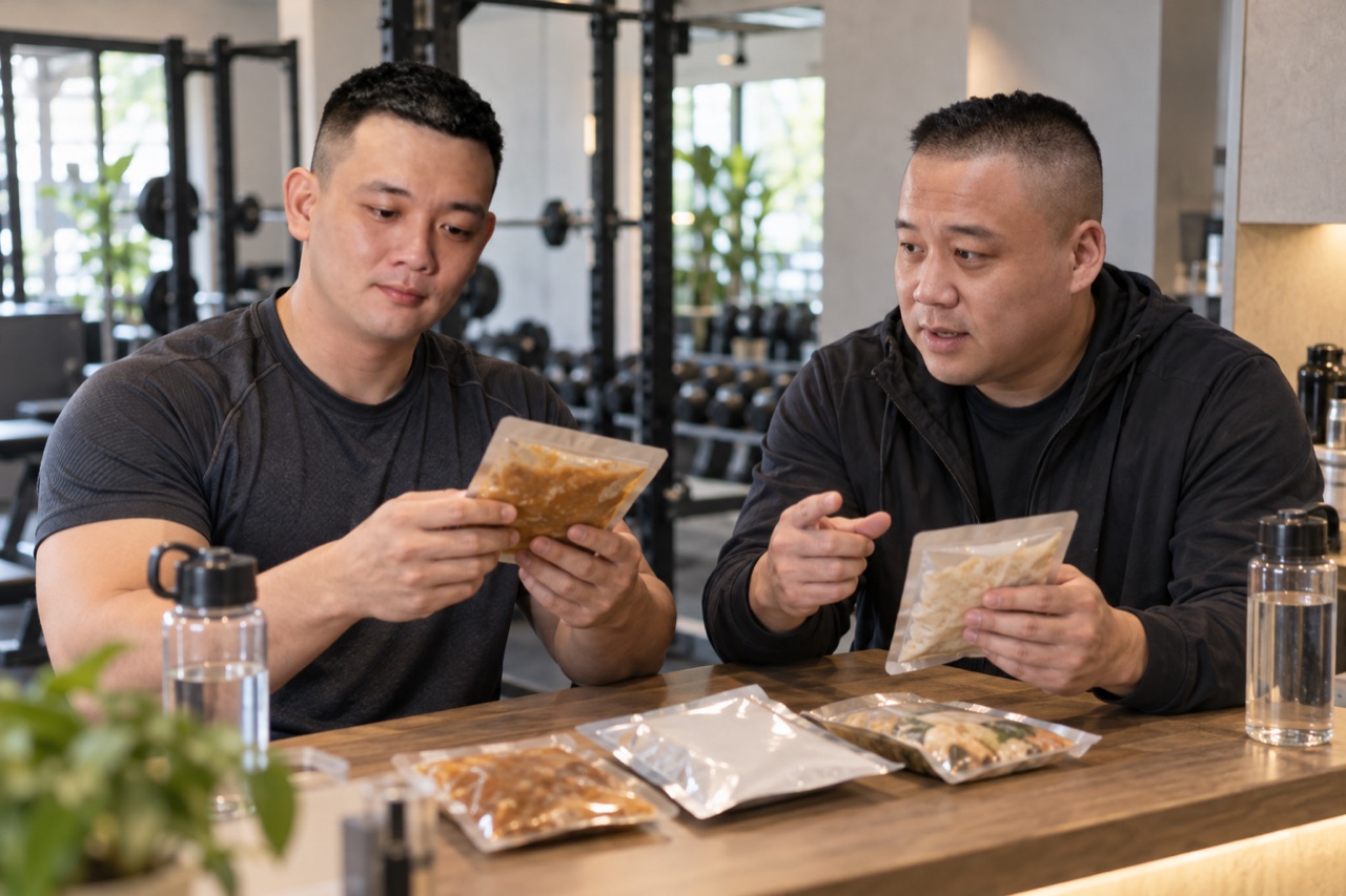 高祥溢（私人健身教練）與李宗哲（常溫調理食品代工）一對一的情境示意照