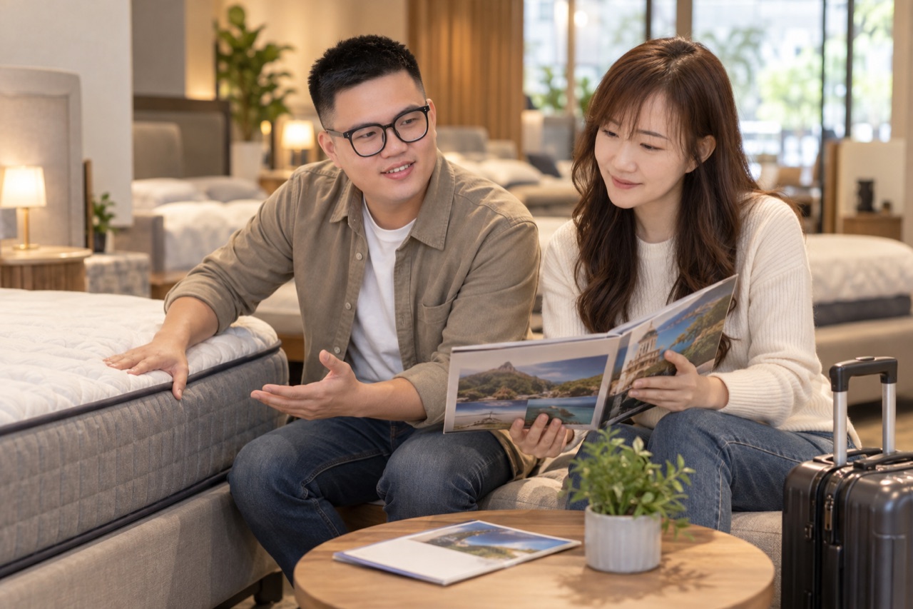 林冠廷（床墊業）與簡湘怡（海外旅遊）一對一的情境示意照