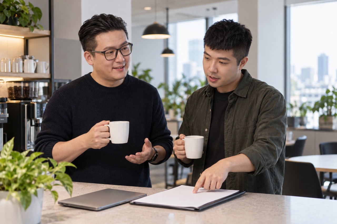 鄭景隆（咖啡批發零售業）與陳韋翰（企業形象影片）一對一的情境示意照
