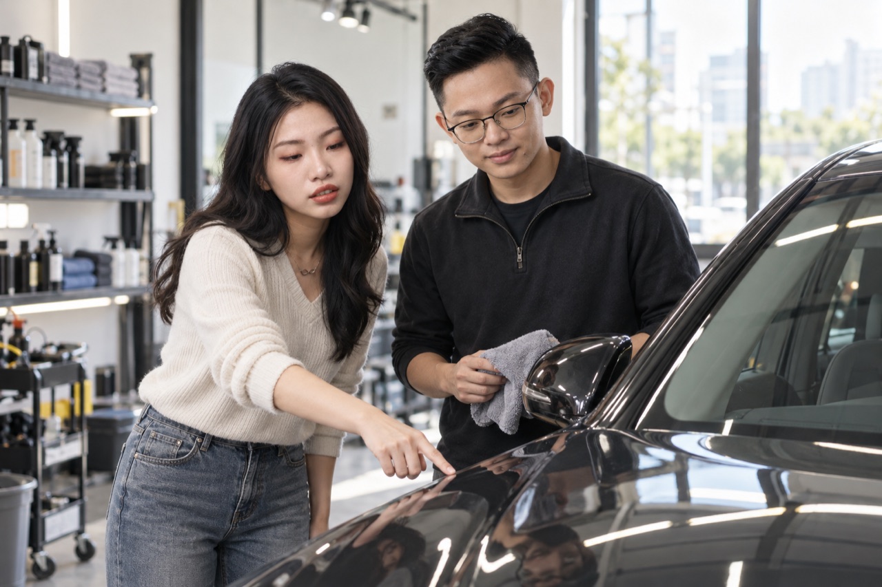 蘇珮綸（進口二手車）與黃靖傑（車體鍍膜業）一對一的情境示意照