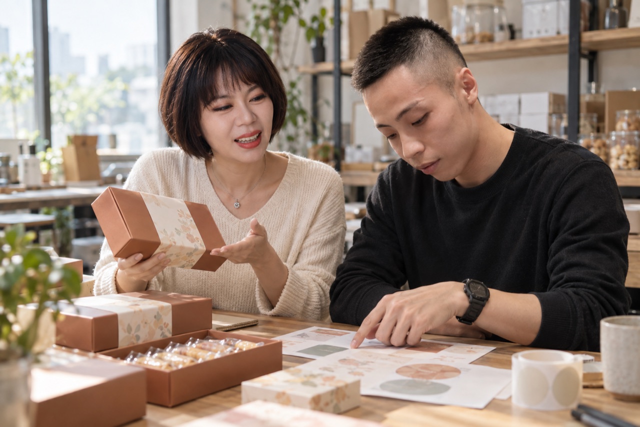 周方茜（杏仁花生酥糖）與任昌明（標籤印刷業）一對一的情境示意照