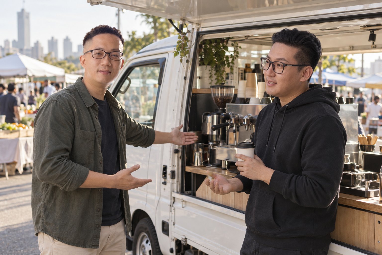 邱昱馨（小貨車新車銷售）與鄭景隆（咖啡批發零售業）一對一的情境示意照