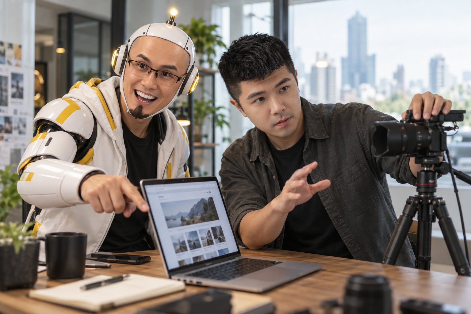 蔡阿達（SEO／GEO 專業技術團隊）與陳韋翰（企業形象影片）一對一的情境示意照