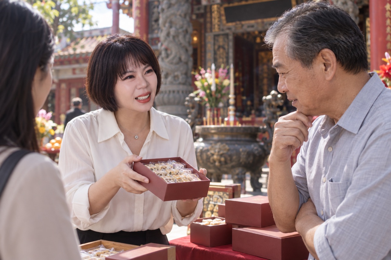 周方茜（杏仁花生酥糖）的專業現場與被介紹的對象示意照
